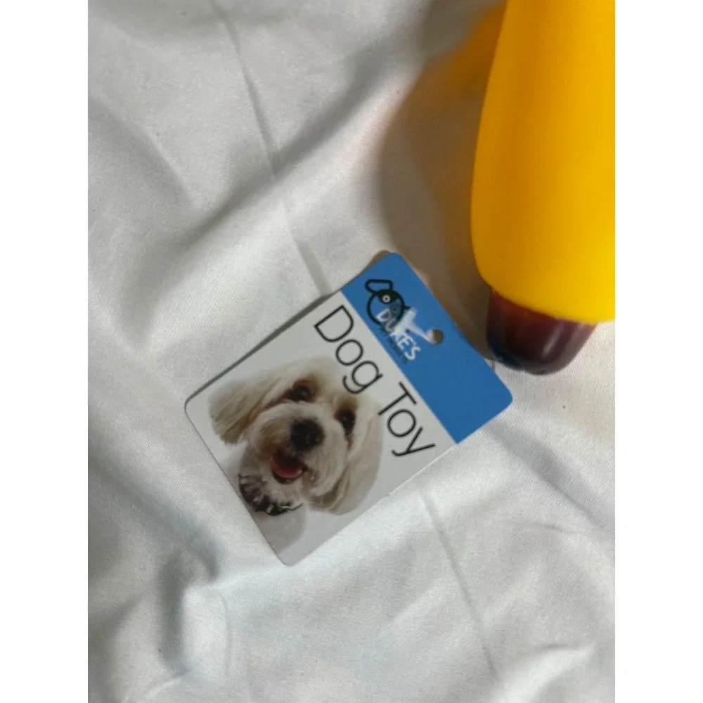Duke's Pet Products Squeaky Hot Dog Dog Toy Yellow Brown Vinyl DI238 NWT
